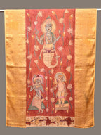 Red Kalamkari Hand Painted Kanchipuram Silk Handloom Dupatta with Lotus and God Design - Global Threads | Grocsy