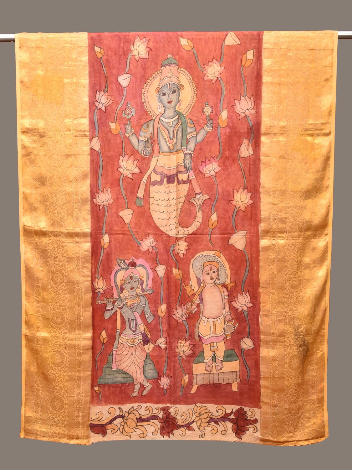 Red Kalamkari Hand Painted Kanchipuram Silk Handloom Dupatta with Lotus and God Design - Global Threads | Grocsy