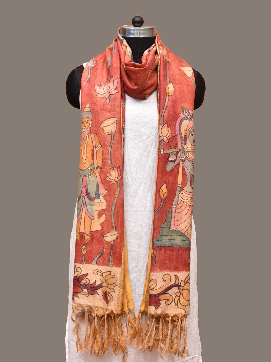 Red Kalamkari Hand Painted Kanchipuram Silk Handloom Dupatta with Lotus and God Design - Global Threads | Grocsy