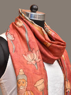 Red Kalamkari Hand Painted Kanchipuram Silk Handloom Dupatta with Lotus and God Design - Global Threads | Grocsy