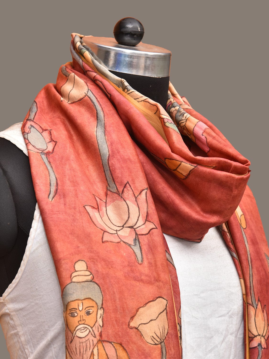 Red Kalamkari Hand Painted Kanchipuram Silk Handloom Dupatta with Lotus and God Design - Global Threads | Grocsy