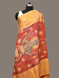 Red Kalamkari Hand Painted Kanchipuram Silk Handloom Dupatta with Lotus and God Design - Global Threads | Grocsy