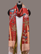 Red Kalamkari Hand Painted Kanchipuram Silk Handloom Dupatta with Mountains and Birds Design - Global Threads | Grocsy