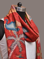 Red Kalamkari Hand Painted Kanchipuram Silk Handloom Dupatta with Mountains and Birds Design - Global Threads | Grocsy