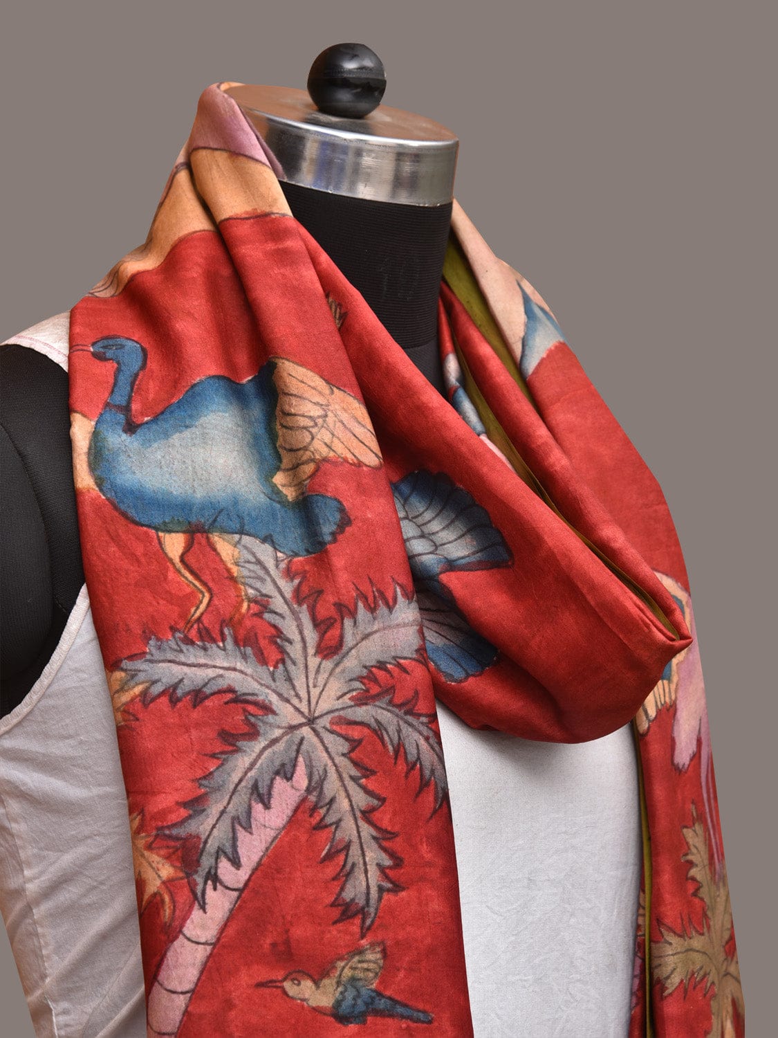 Red Kalamkari Hand Painted Kanchipuram Silk Handloom Dupatta with Mountains and Birds Design - Global Threads | Grocsy