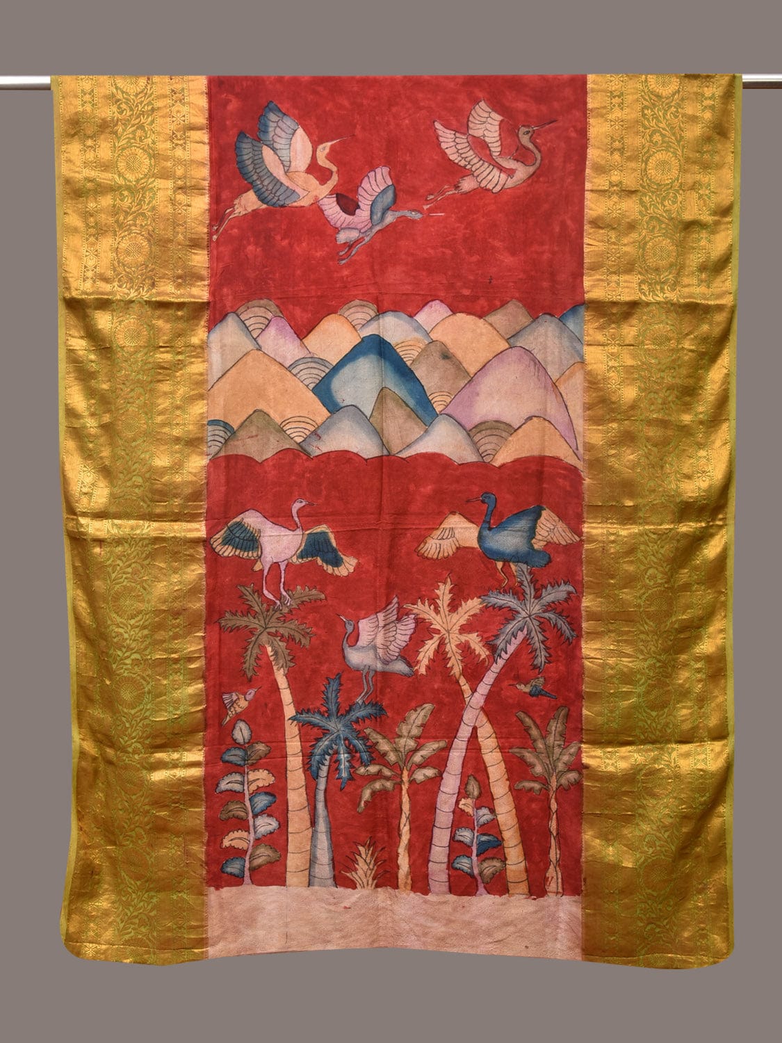 Red Kalamkari Hand Painted Kanchipuram Silk Handloom Dupatta with Mountains and Birds Design - Global Threads | Grocsy