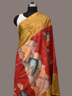 Red Kalamkari Hand Painted Kanchipuram Silk Handloom Dupatta with Mountains and Birds Design - Global Threads | Grocsy