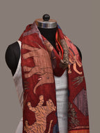 Red Kalamkari Hand Painted Kanchipuram Silk Handloom Dupatta with Village Design - Global Threads | Grocsy