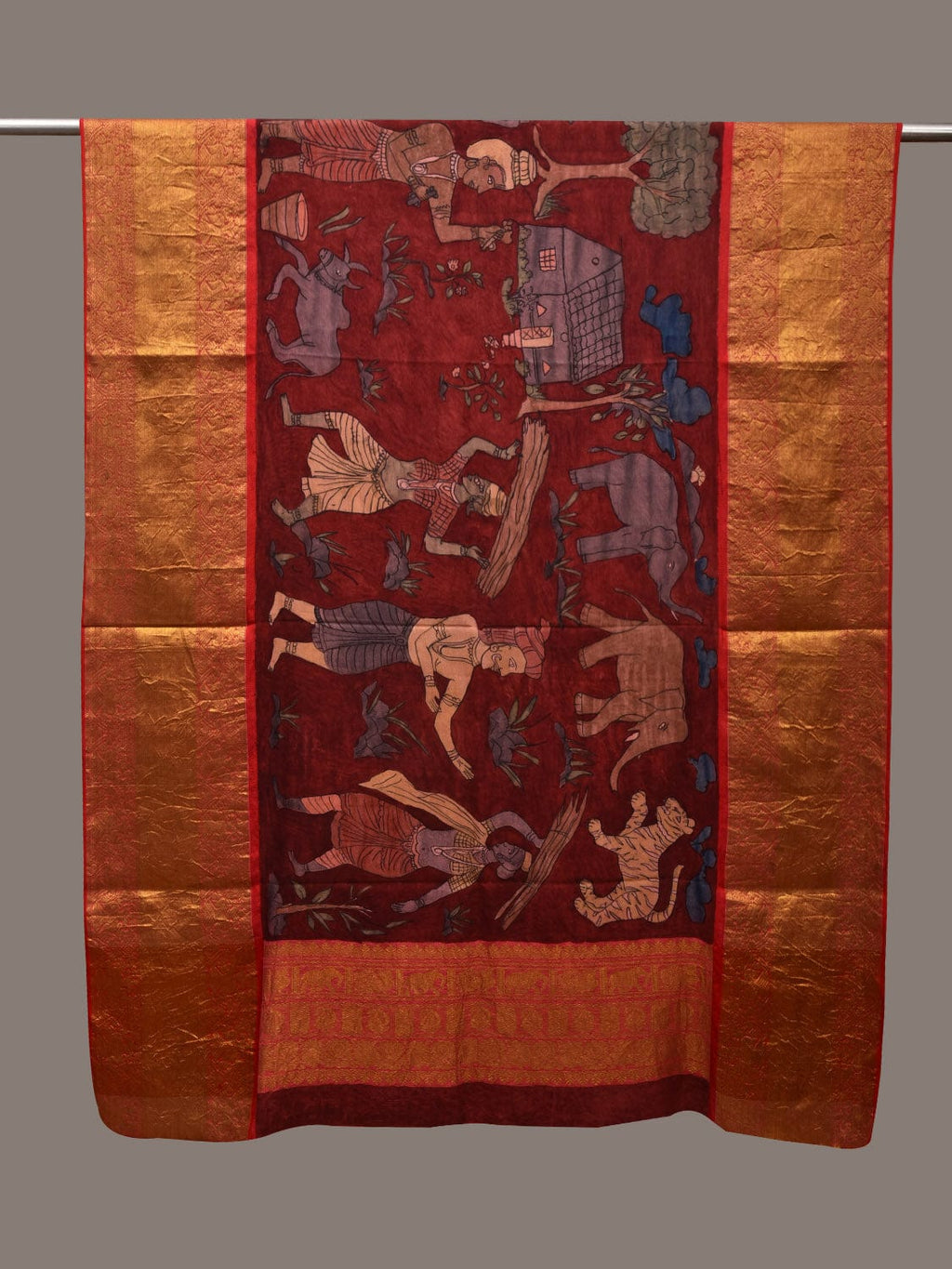 Red Kalamkari Hand Painted Kanchipuram Silk Handloom Dupatta with Village Design - Global Threads | Grocsy