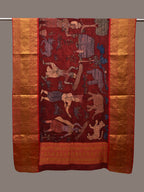 Red Kalamkari Hand Painted Kanchipuram Silk Handloom Dupatta with Village Design - Global Threads | Grocsy
