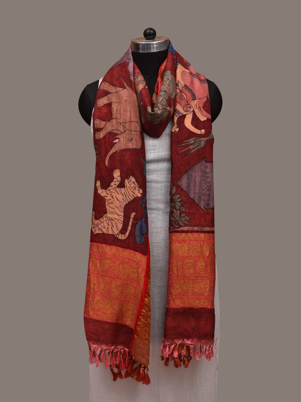 Red Kalamkari Hand Painted Kanchipuram Silk Handloom Dupatta with Village Design - Global Threads | Grocsy