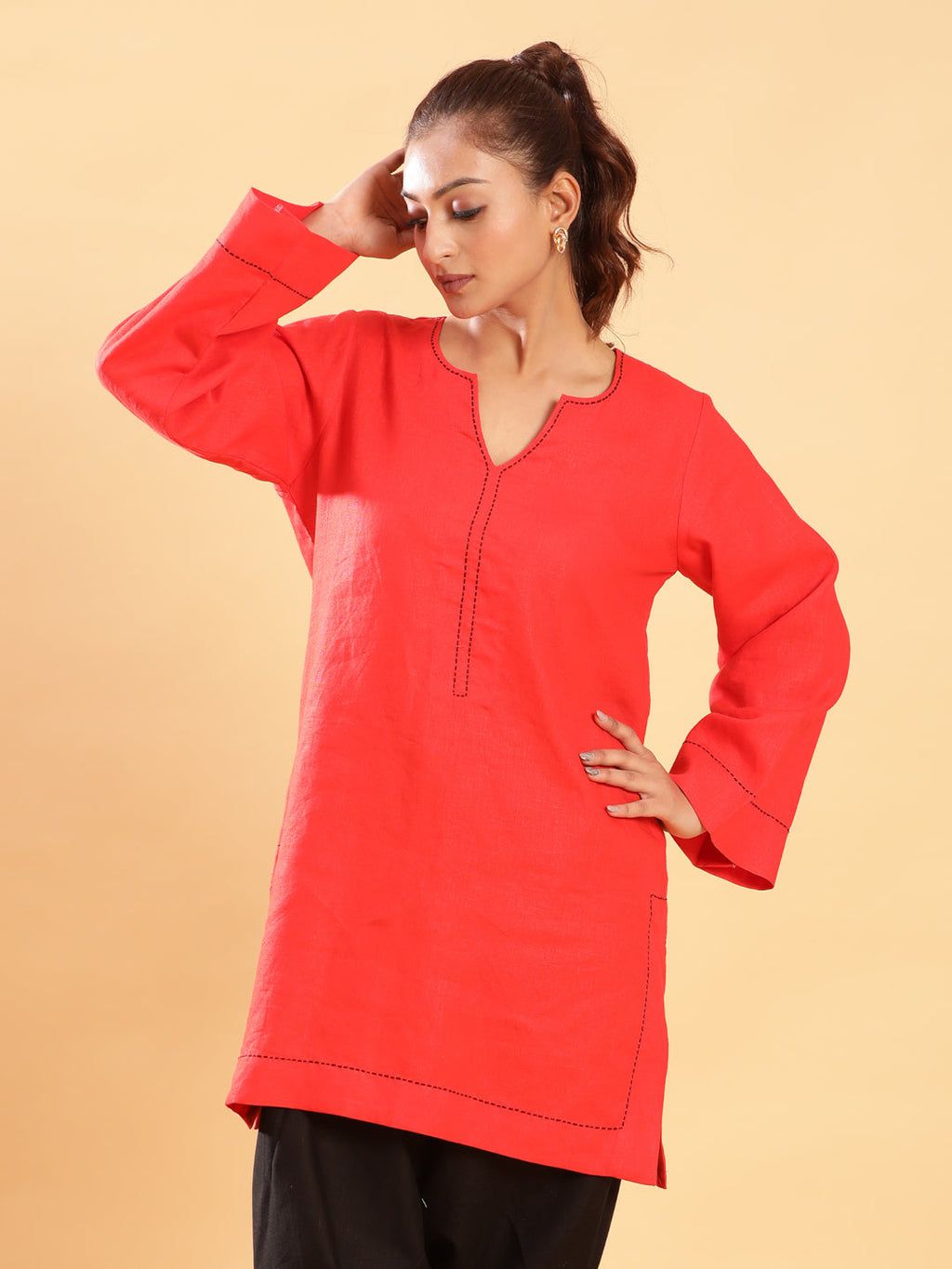 BohoJazz Bell Sleeves Red Linen Kurti Top with Threadwork | Grocsy