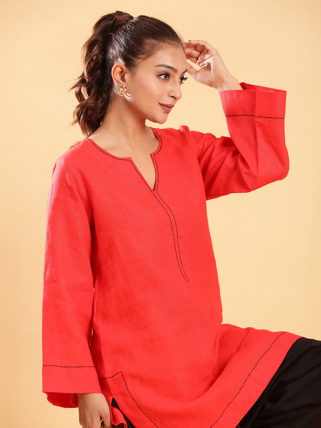 BohoJazz Bell Sleeves Red Linen Kurti Top with Threadwork | Grocsy