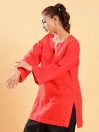 BohoJazz Bell Sleeves Red Linen Kurti Top with Threadwork | Grocsy