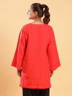 BohoJazz Bell Sleeves Red Linen Kurti Top with Threadwork | Grocsy