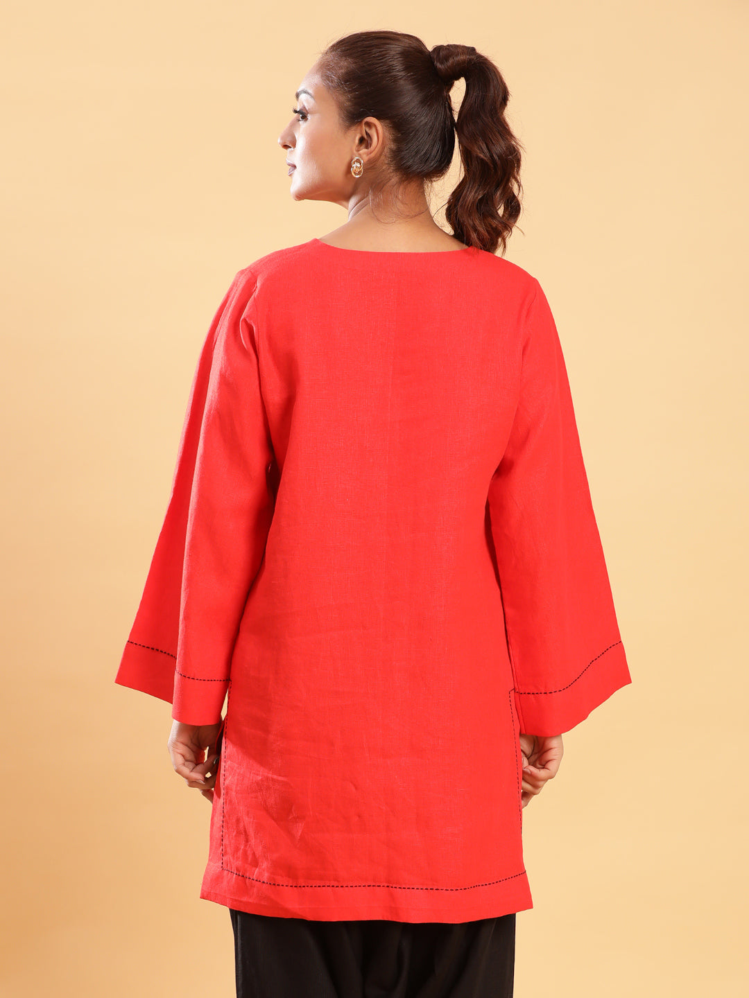 BohoJazz Bell Sleeves Red Linen Kurti Top with Threadwork | Grocsy