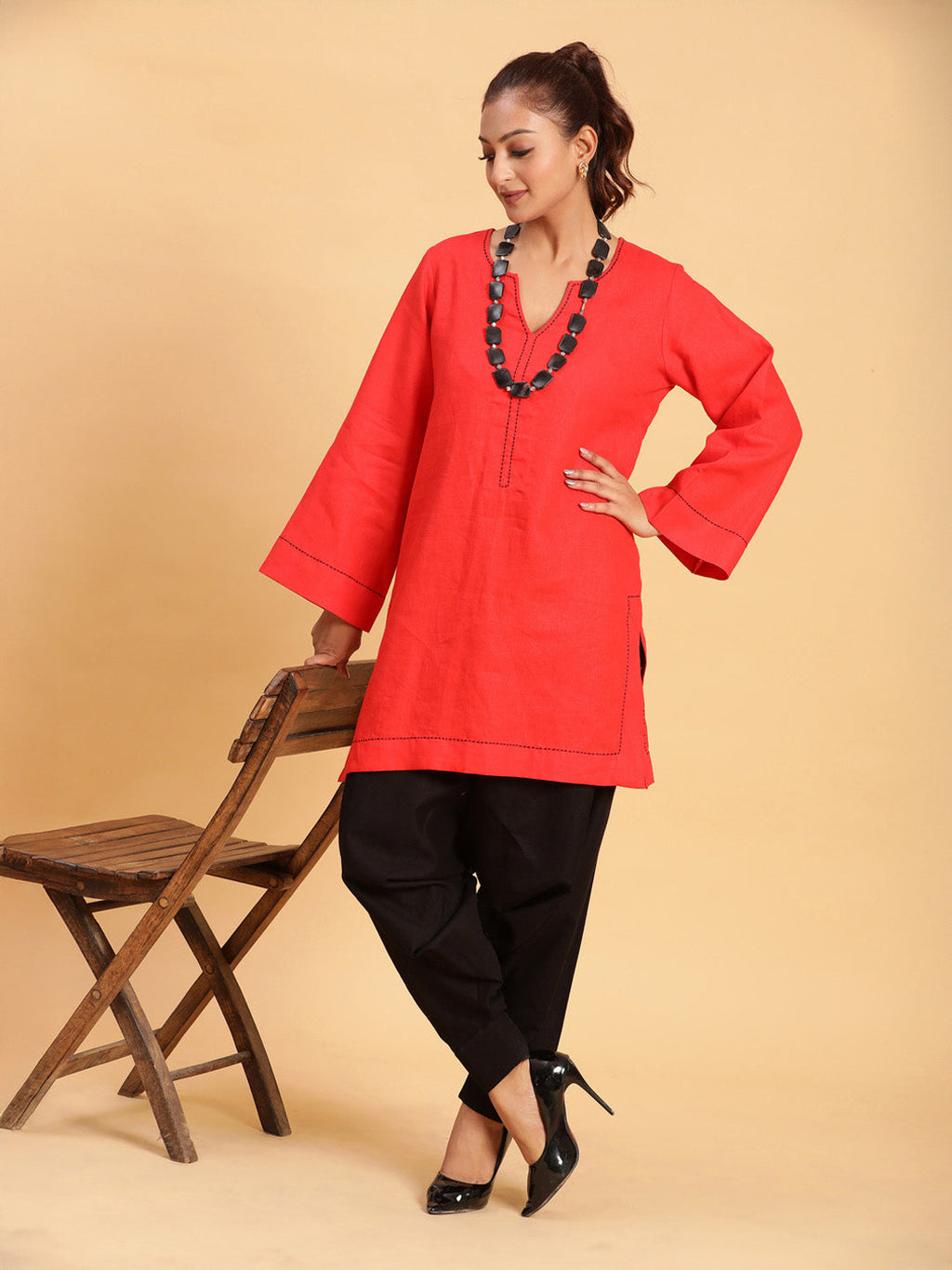 BohoJazz Bell Sleeves Red Linen Kurti Top with Threadwork | Grocsy