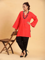 BohoJazz Bell Sleeves Red Linen Kurti Top with Threadwork | Grocsy