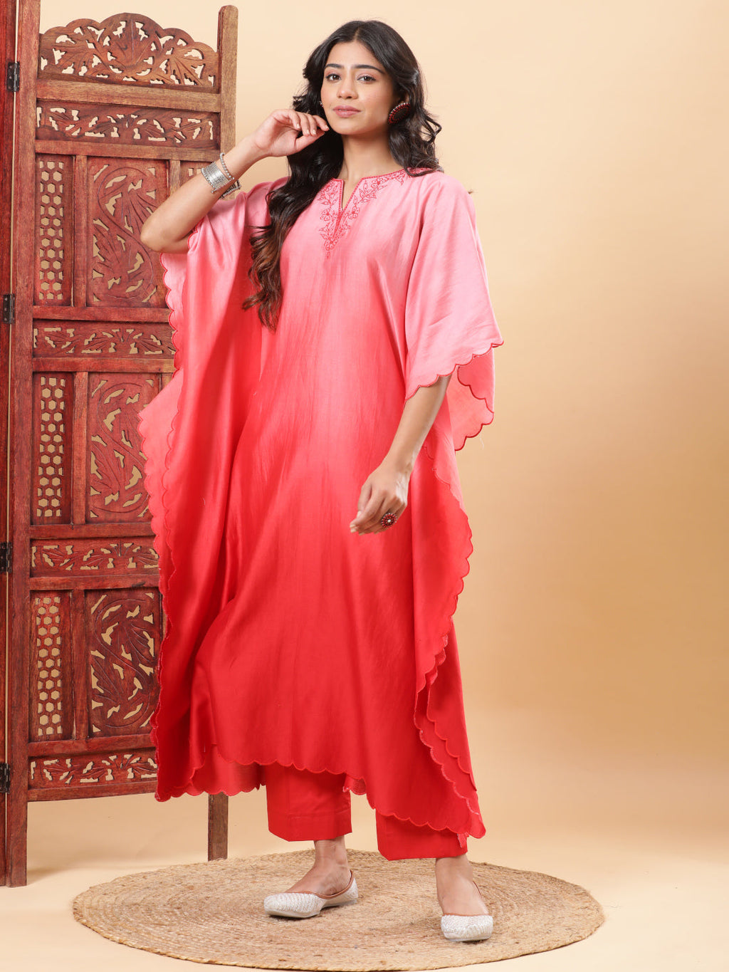BohoJazz Red Ombre Embroidered Kaftan with Pants | Grocsy