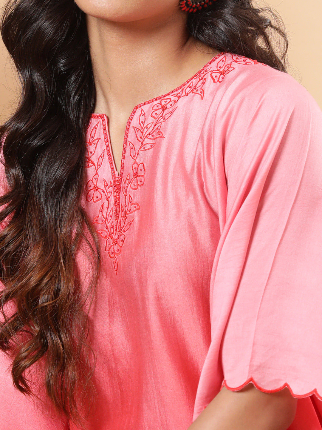 BohoJazz Red Ombre Embroidered Kaftan with Pants | Grocsy