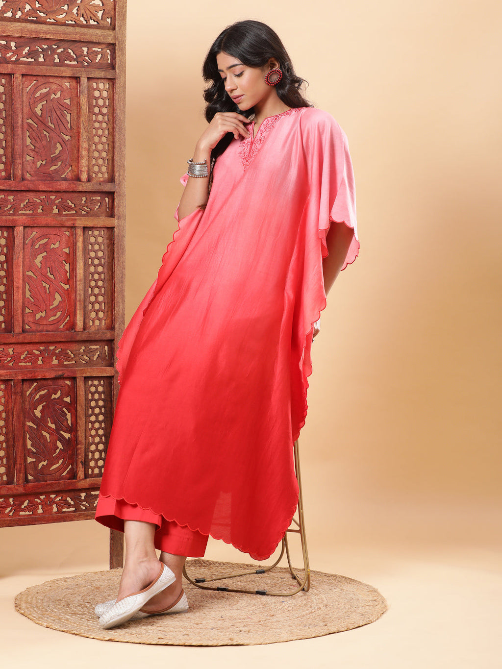 BohoJazz Red Ombre Embroidered Kaftan with Pants | Grocsy