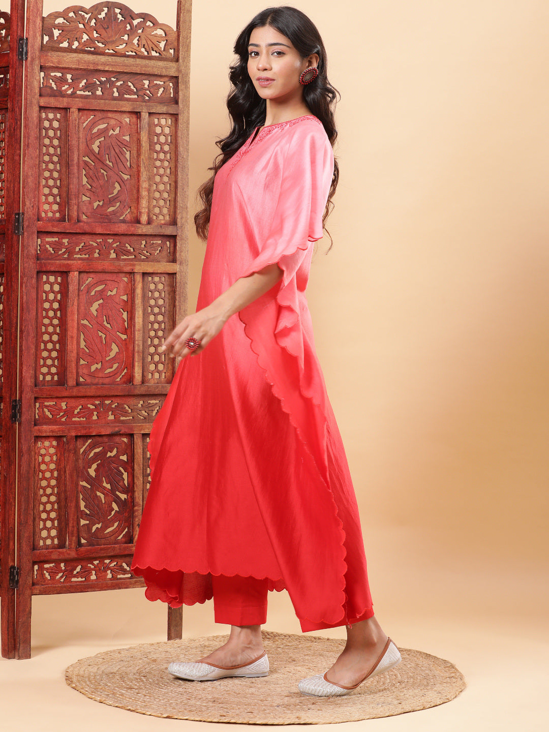 BohoJazz Red Ombre Embroidered Kaftan with Pants | Grocsy