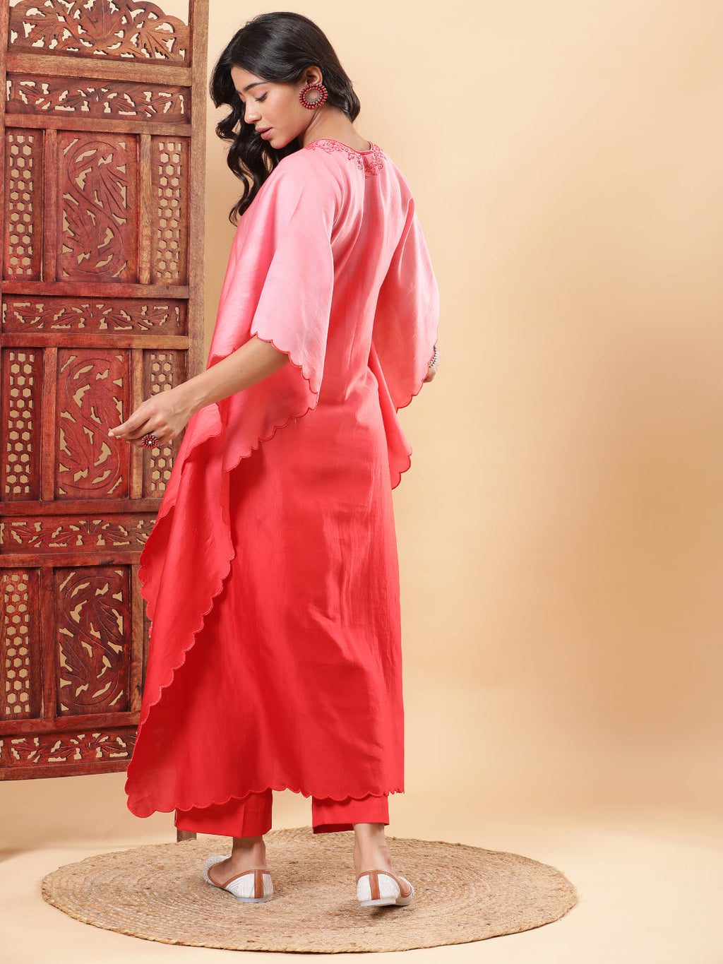 BohoJazz Red Ombre Embroidered Kaftan with Pants | Grocsy