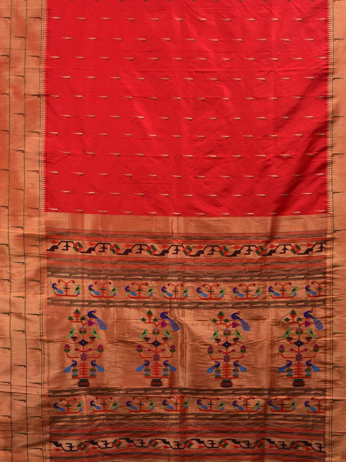 Red Paithani Silk Handloom Saree with Triple Muniya Border Saree - Global Threads | Grocsy