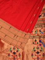 Red Paithani Silk Handloom Saree with Triple Muniya Border Saree - Global Threads | Grocsy