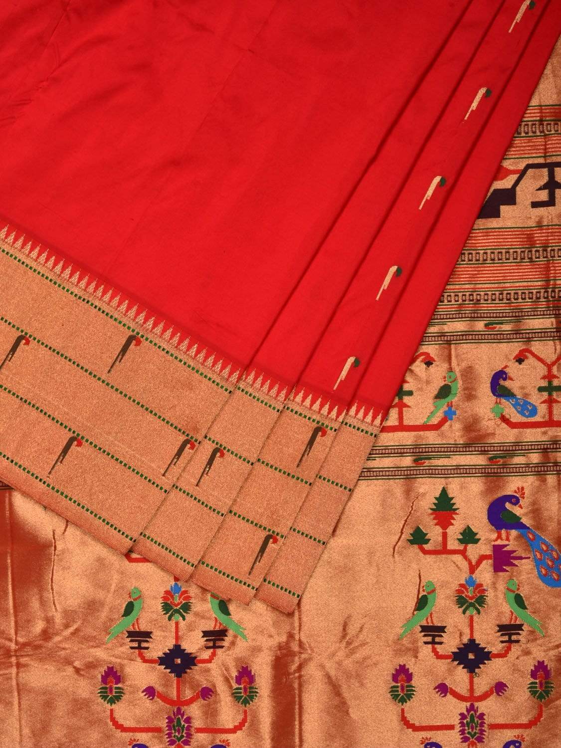 Red Paithani Silk Handloom Saree with Triple Muniya Border Saree - Global Threads | Grocsy