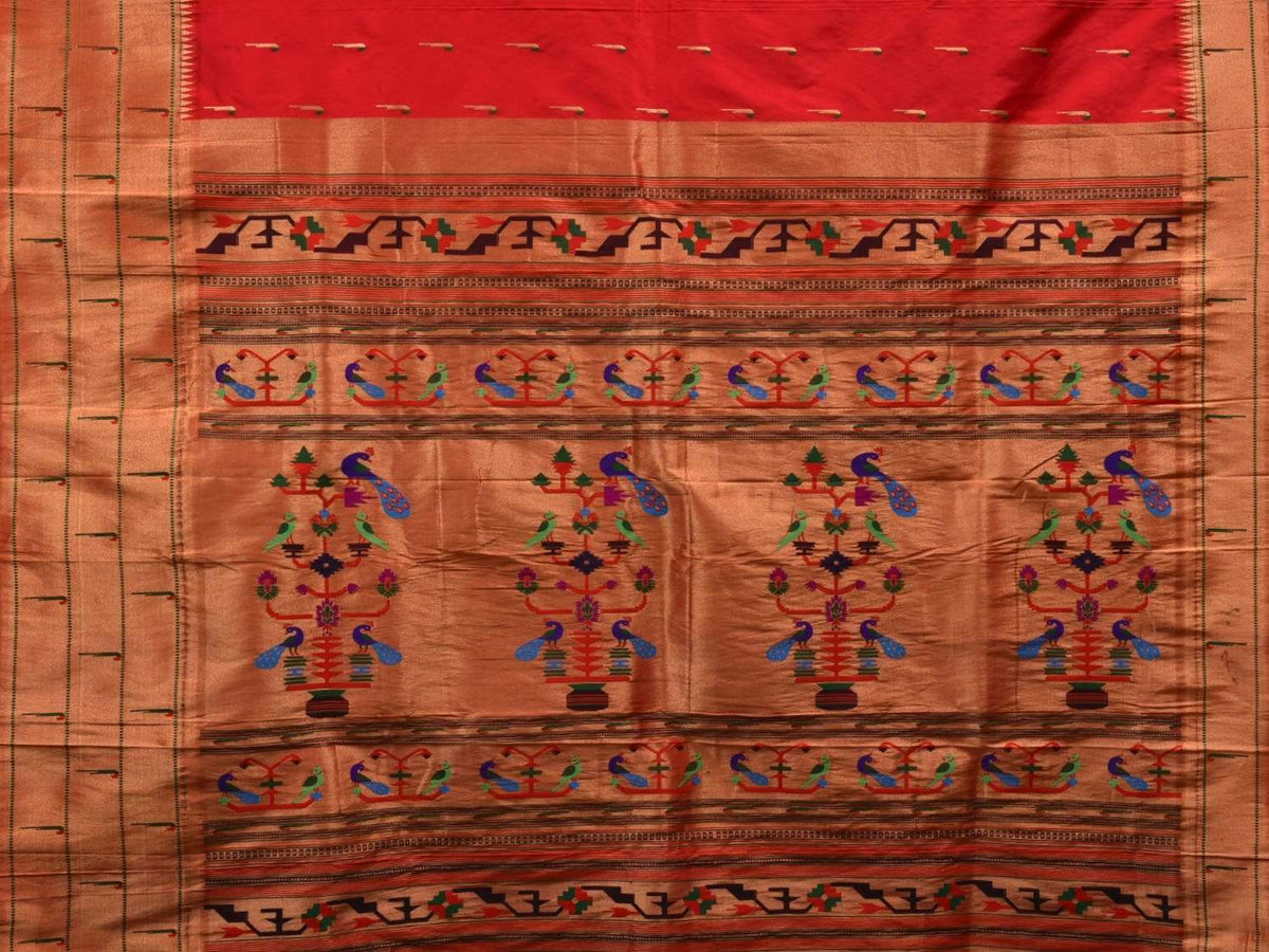 Red Paithani Silk Handloom Saree with Triple Muniya Border Saree - Global Threads | Grocsy
