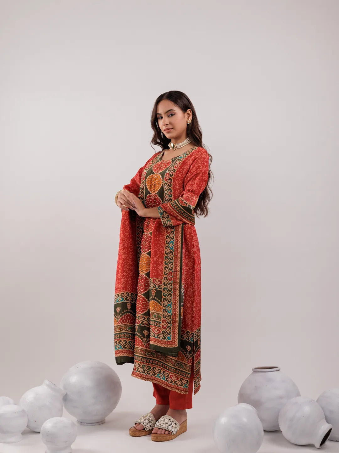 Yufta Red Pure Shimmer Tissue With Pure Viscose Trouser And Shimmer Dupatta | Grocsy