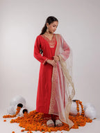 Yufta Red Silk Embroidered Kurta Dupatta Set | Grocsy