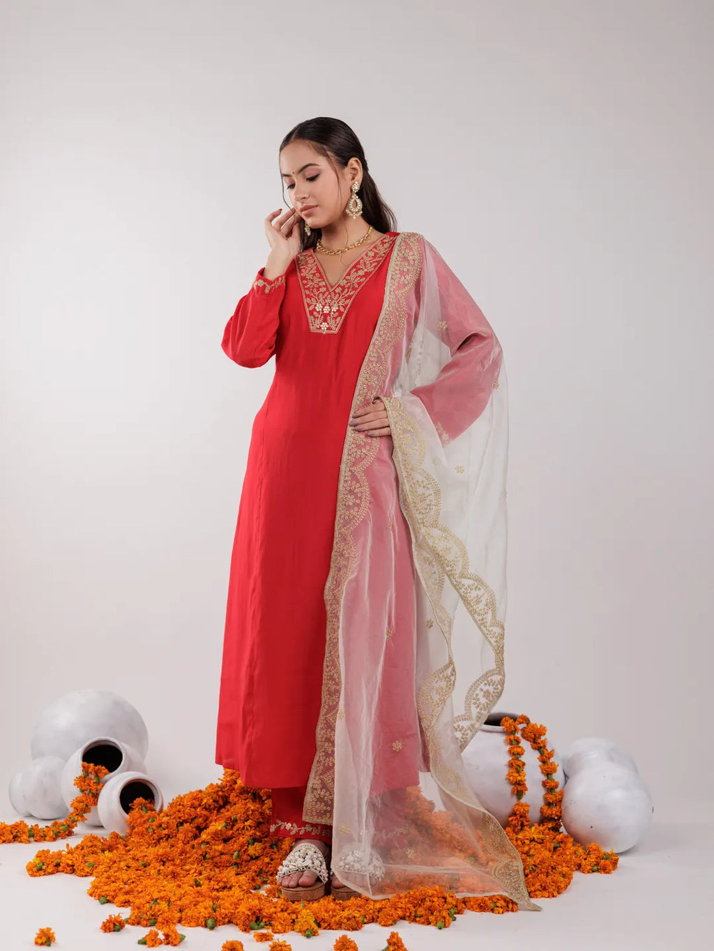 Yufta Red Silk Embroidered Kurta Dupatta Set | Grocsy