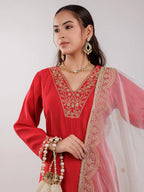 Yufta Red Silk Embroidered Kurta Dupatta Set | Grocsy