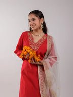 Yufta Red Silk Embroidered Kurta Dupatta Set | Grocsy