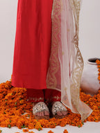 Yufta Red Silk Embroidered Kurta Dupatta Set | Grocsy