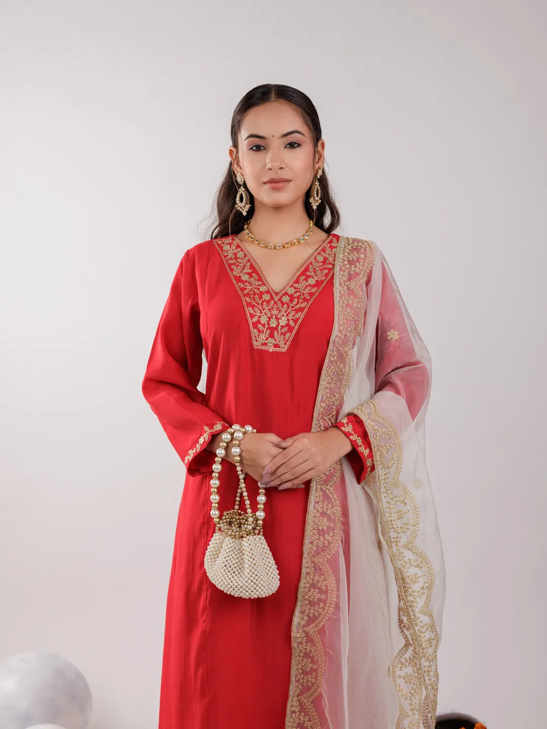 Yufta Red Silk Embroidered Kurta Dupatta Set | Grocsy