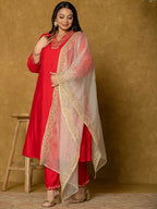 Yufta Red Silk Embroidered Plus Size Kurta Dupatta Set | Grocsy
