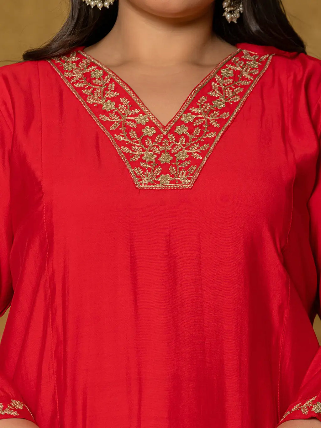 Yufta Red Silk Embroidered Plus Size Kurta Dupatta Set | Grocsy