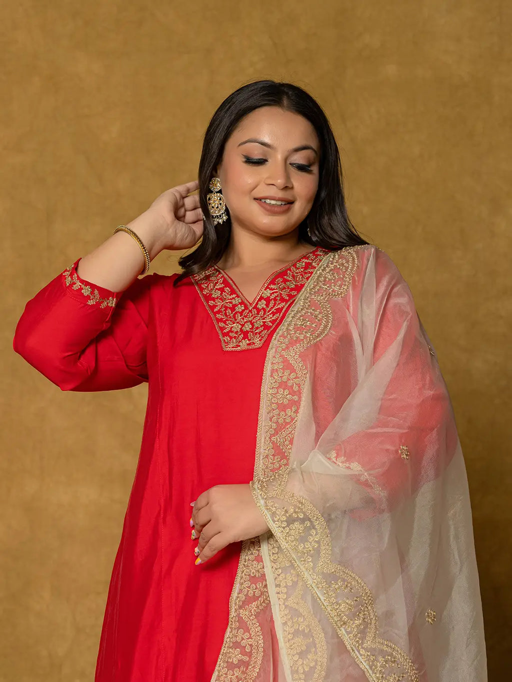 Yufta Red Silk Embroidered Plus Size Kurta Dupatta Set | Grocsy