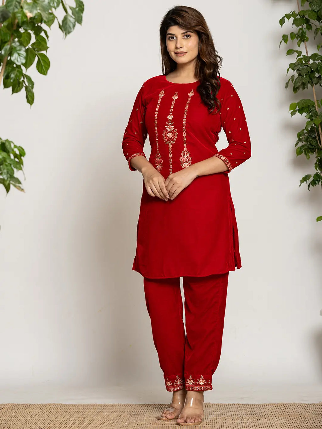 Yufta Red Velvet Embroidered Co-Ord Set With Cotton Lining | Grocsy