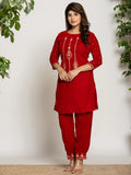 Yufta Red Velvet Embroidered Co-Ord Set With Cotton Lining | Grocsy