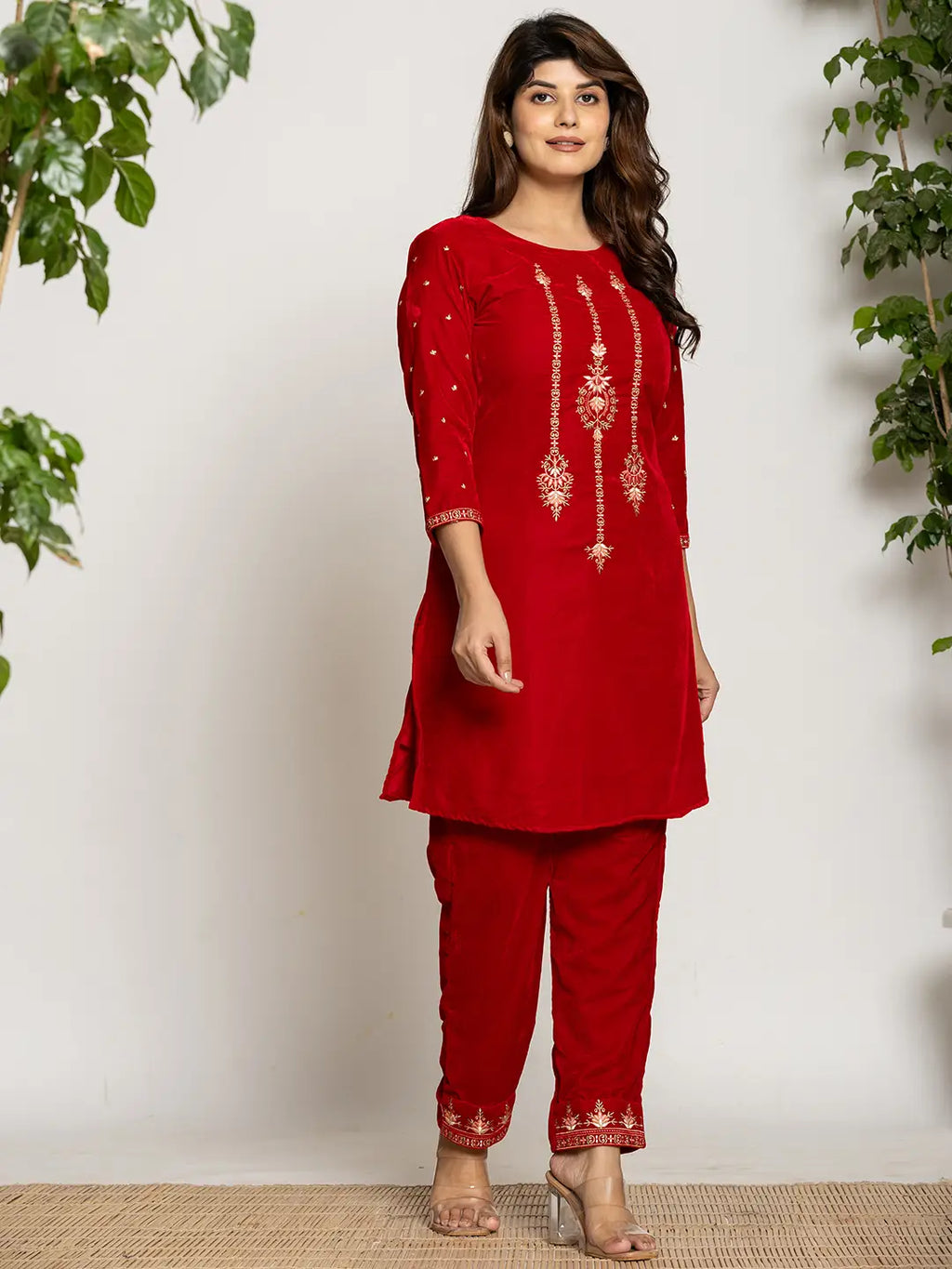 Yufta Red Velvet Embroidered Co-Ord Set With Cotton Lining | Grocsy