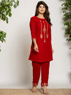 Yufta Red Velvet Embroidered Co-Ord Set With Cotton Lining | Grocsy