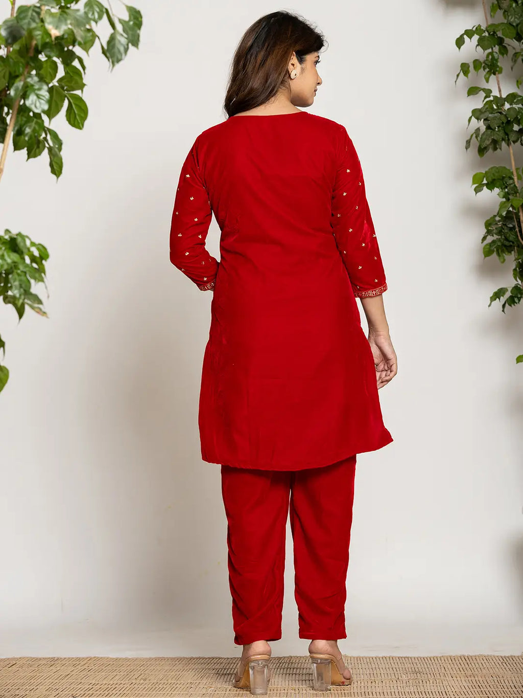 Yufta Red Velvet Embroidered Co-Ord Set With Cotton Lining | Grocsy