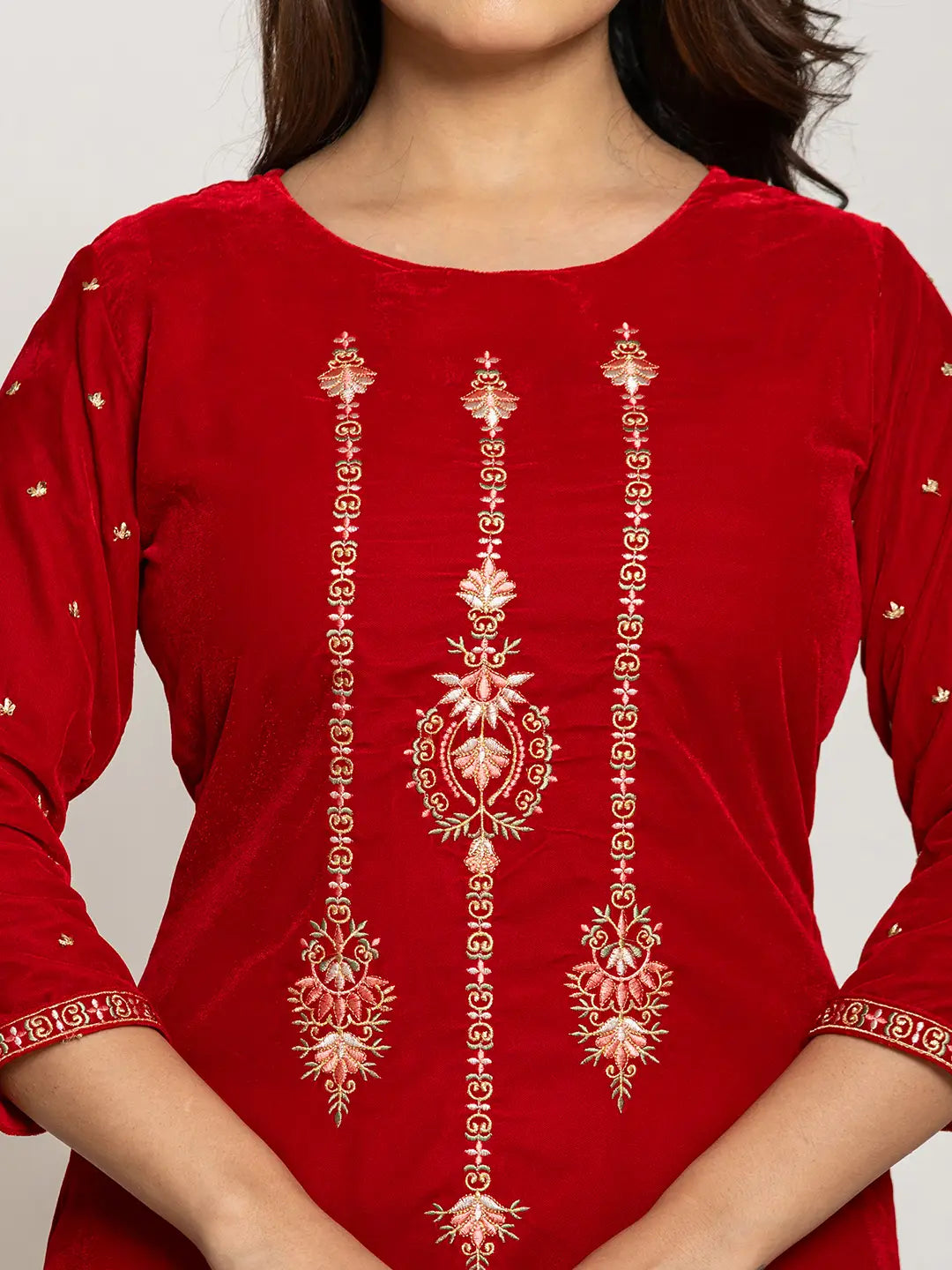 Yufta Red Velvet Embroidered Co-Ord Set With Cotton Lining | Grocsy