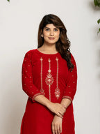 Yufta Red Velvet Embroidered Co-Ord Set With Cotton Lining | Grocsy