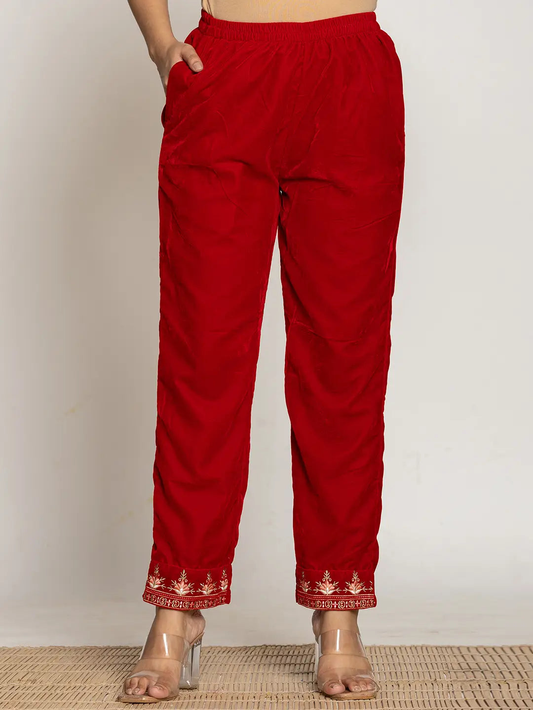 Yufta Red Velvet Embroidered Co-Ord Set With Cotton Lining | Grocsy