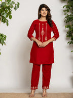 Yufta Red Velvet Embroidered Co-Ord Set With Cotton Lining | Grocsy